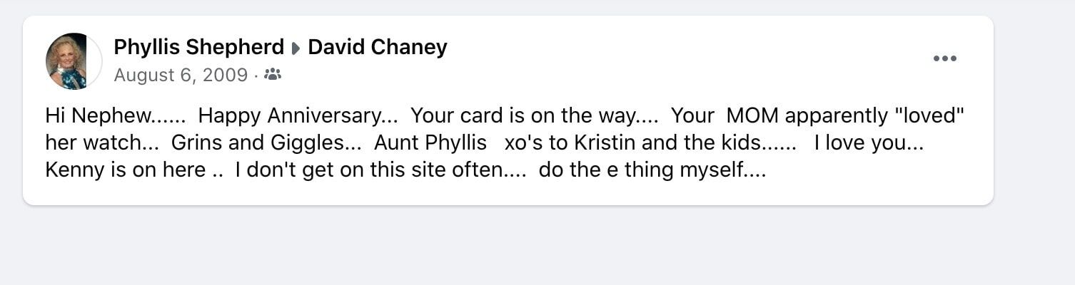 Shepherd anniversary greeting to Chaney